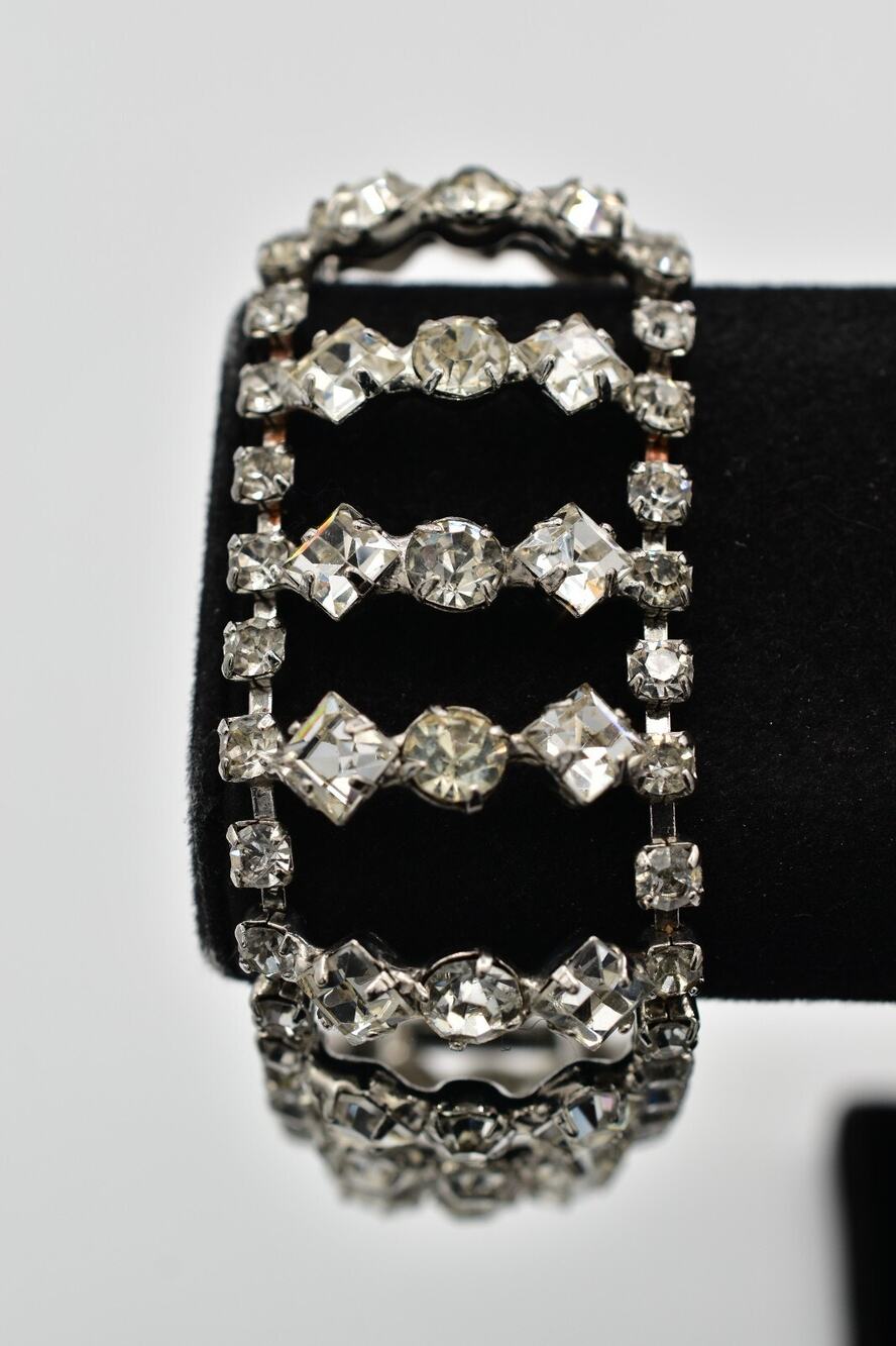 Vintage 8" Crystal Bracelet Prong Silver Tone Wedding Bridal Ice 1960s BinO